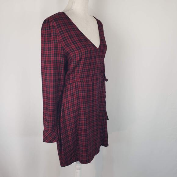 NWT Sanctuary Upbeat Faux Wrap Red Plaid Surplice V-Neck A-Line Mini Dress 8 - Picture 4 of 14
